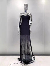 2024 Summer Women New Black Sexy One Shoulder Diamond Sleeveless Bodycon Bandage Dress Elegant Fashion Tassel Long Dress